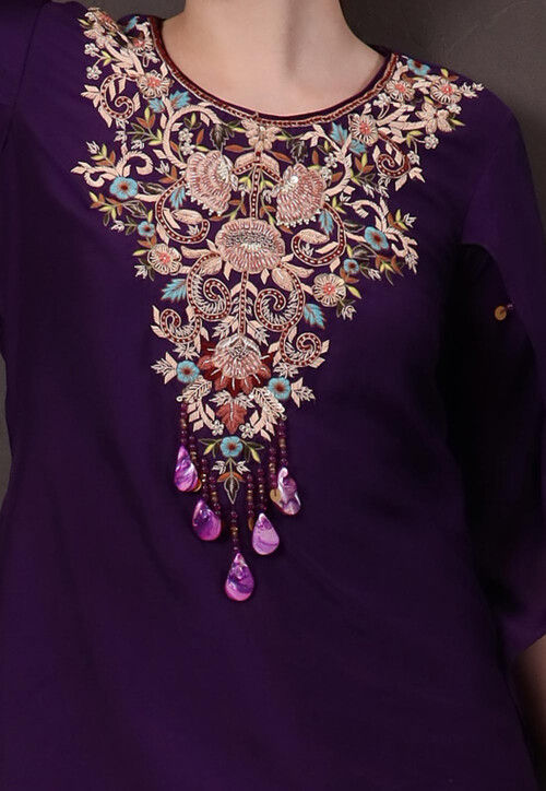 Hand Embroidered Chinon Chiffon Asymmetric Tunic Set in Purple