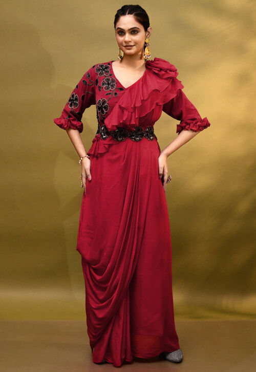 Buy Hand Embroidered Chinon Chiffon Drape Gown in Red Online : TYL34 -  Utsav Fashion