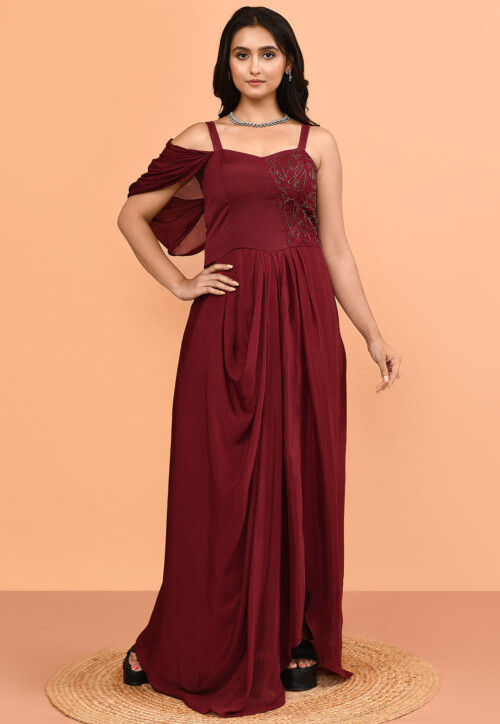Hand Embroidered Chinon Chiffon Gown in Maroon
