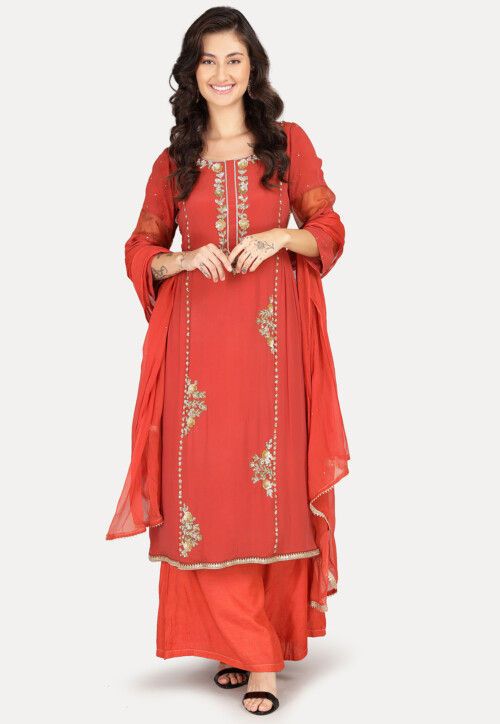 Hand Embroidered Chinon Chiffon Pakistani Suit in Light Rust