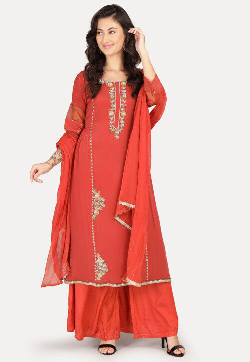 Hand Embroidered Chinon Chiffon Pakistani Suit in Light Rust