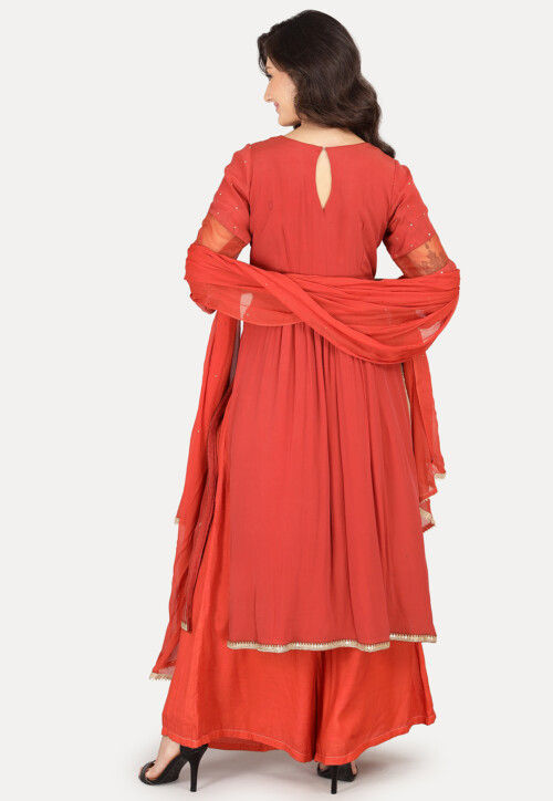 Hand Embroidered Chinon Chiffon Pakistani Suit in Light Rust