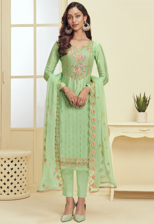 Hand Embroidered Chinon Chiffon Pakistani Suit in Sea Green : KCH6918