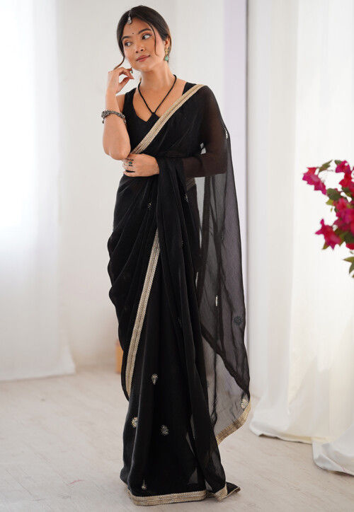 Hand Embroidered Chinon Chiffon Saree in Black