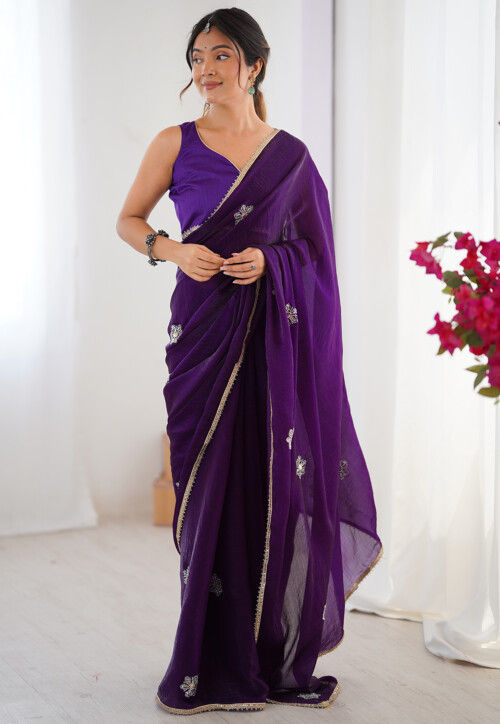 Hand Embroidered Chinon Chiffon Saree in Purple