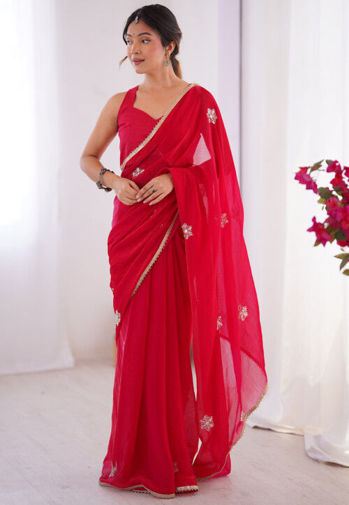 Hand Embroidered Chinon Chiffon Saree in Red