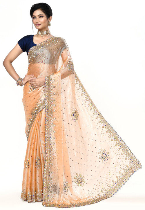 Hand Embroidered Chinon Chiffon Scalloped Saree in Peach