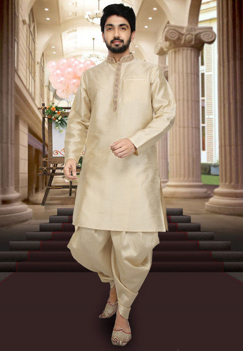 Buy Hand Embroidered Collar Art Silk Dhoti Kurta in Beige Online MTX310 Utsav Fashion