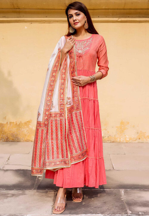 Hand Embroidered Cotton Abaya Style Suit in Peach