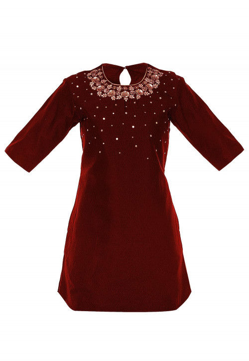 Hand Embroidered Cotton Silk Kurti in Maroon