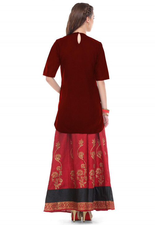 Hand Embroidered Cotton Silk Kurti in Maroon