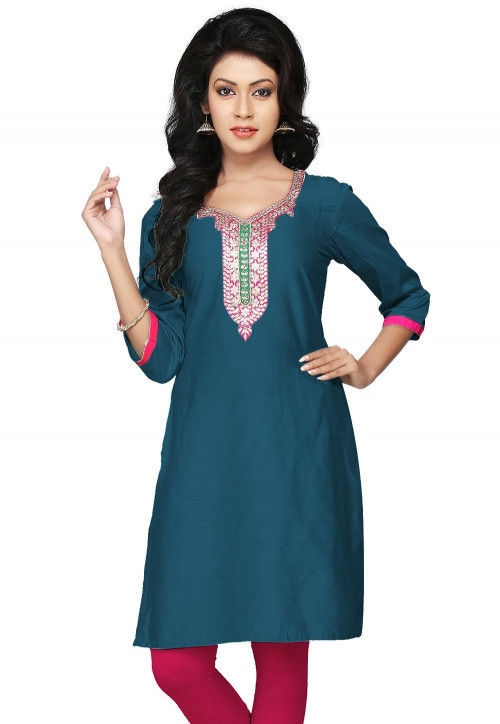 Hand Embroidered Cotton Silk Kurti in Teal Blue