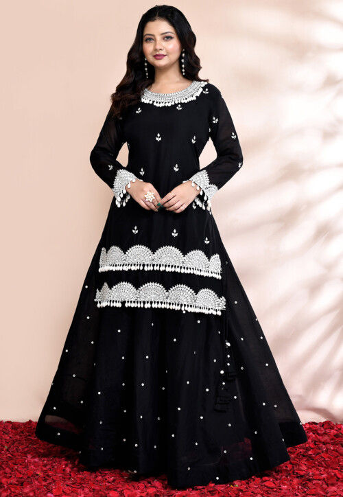 Hand Embroidered Cotton Silk Lehenga in Black