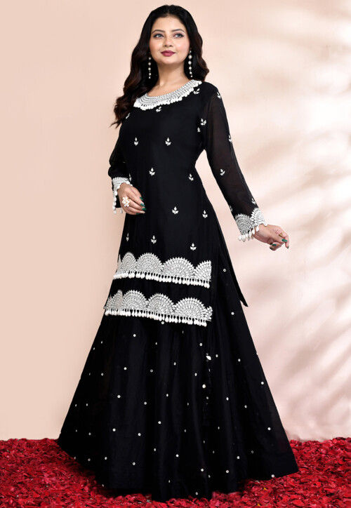 Hand Embroidered Cotton Silk Lehenga in Black