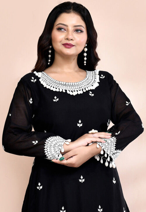 Hand Embroidered Cotton Silk Lehenga in Black