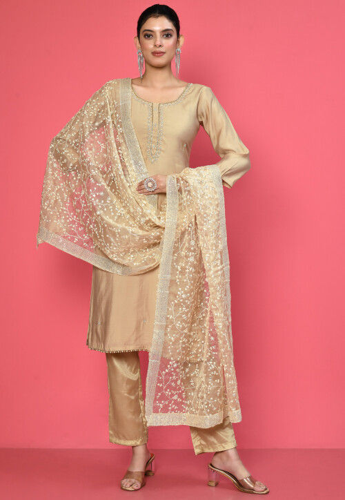 Hand Embroidered Cotton Silk Pakistani Suit in Beige