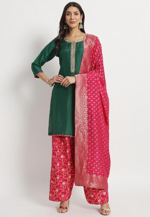 Hand Embroidered Cotton Silk Punjabi Suit in Dark Green