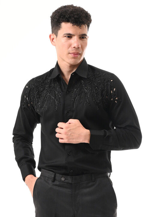 Buy Hand Embroidered Cotton Silk Shirt in Black Online : MEU26