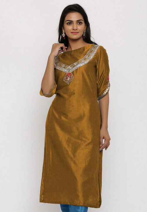 Hand Embroidered Cotton Silk Straight Kurta in Old Gold