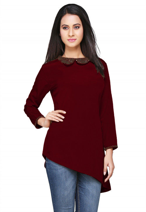 Hand Embroidered Crepe Asymmetric Top in Maroon