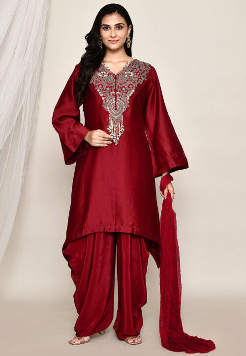 Hand Embroidered Crepe Punjabi Suit in Maroon