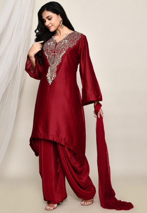 Hand Embroidered Crepe Punjabi Suit in Maroon