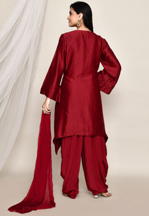 Hand Embroidered Crepe Punjabi Suit in Maroon
