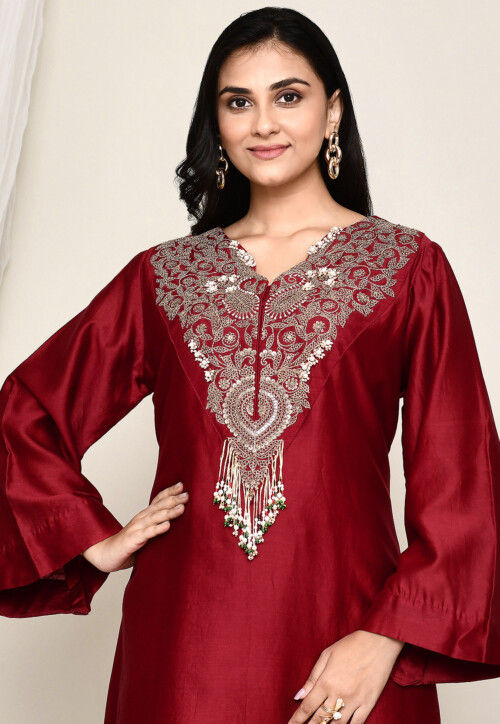 Hand Embroidered Crepe Punjabi Suit in Maroon
