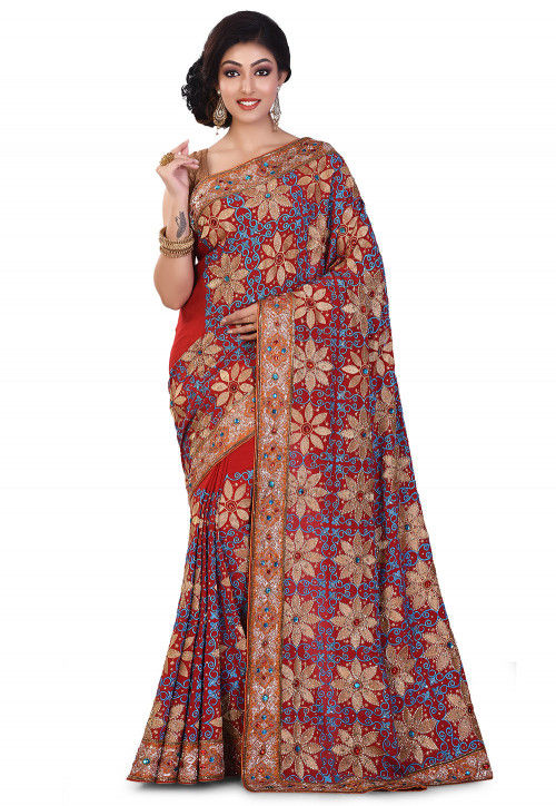Hand Embroidered Crepe Saree in Red