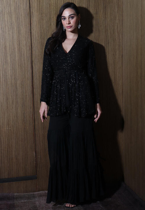 Hand Embroidered Crepe Top Set in Black