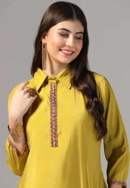 Hand Embroidered Crepe Tunic Set in Light Olive Green