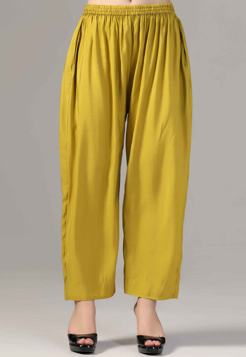 Hand Embroidered Crepe Tunic Set in Light Olive Green