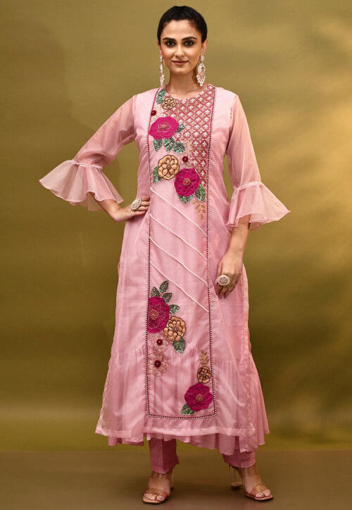 Hand Embroidered Dupion Silk Aline Kurta Set in Pink