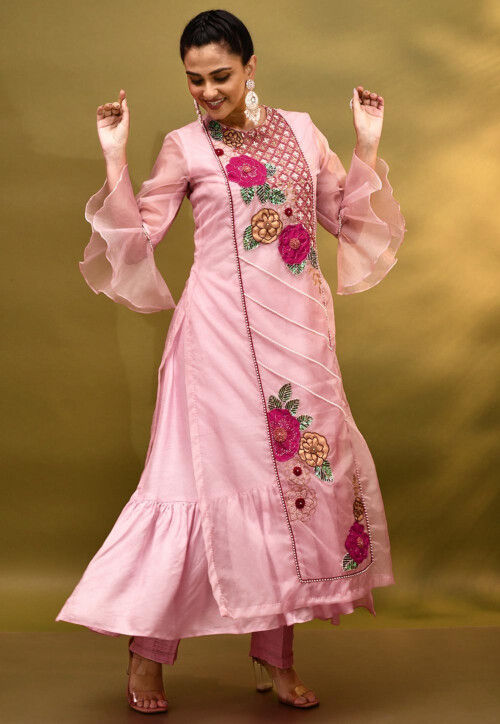 Hand Embroidered Dupion Silk Aline Kurta Set in Pink