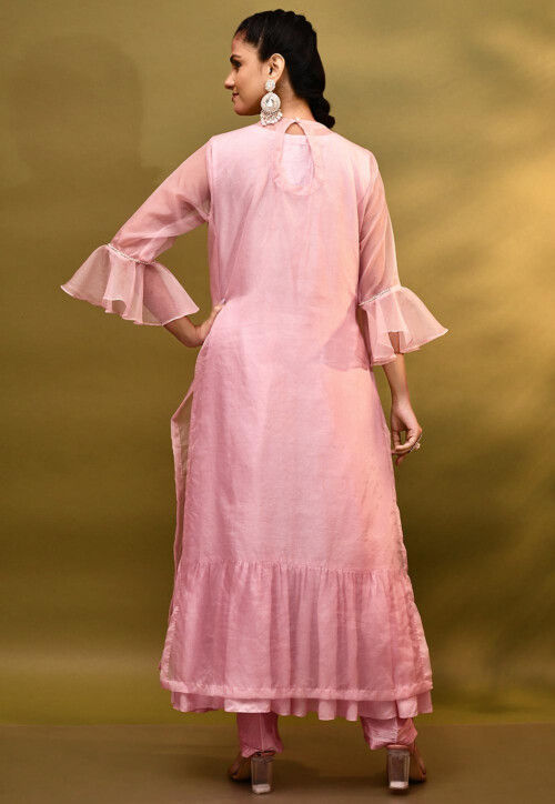 Hand Embroidered Dupion Silk Aline Kurta Set in Pink