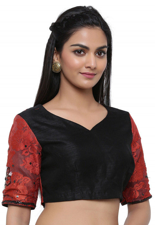 Hand Embroidered Dupion Silk Blouse in Black and Maroon : UBD1020