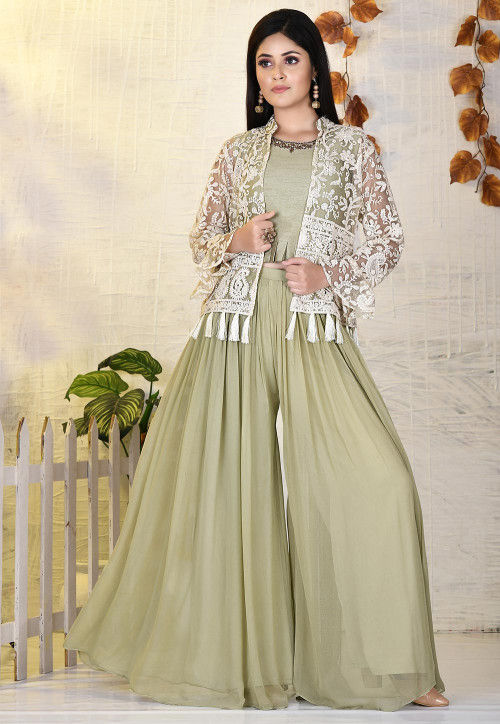 Hand Embroidered Dupion Silk Crop Top Set in Dusty Green