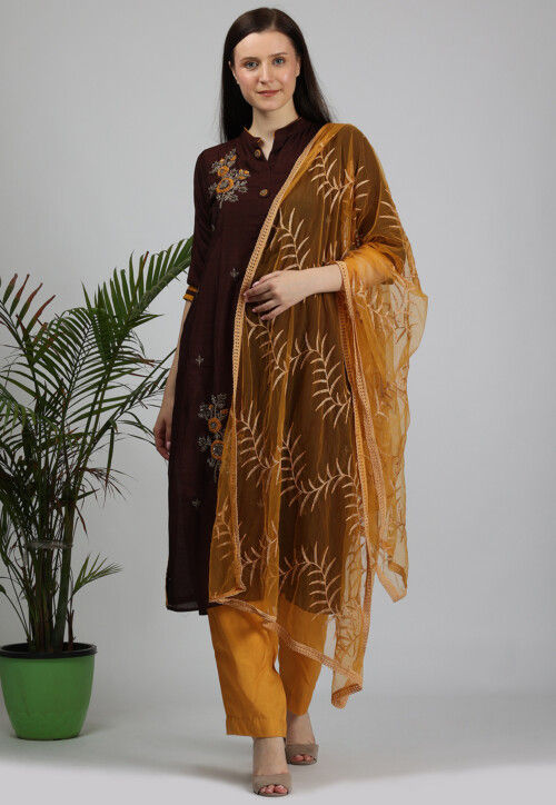 Hand Embroidered Dupion Silk Pakistani Suit in Dark Brown