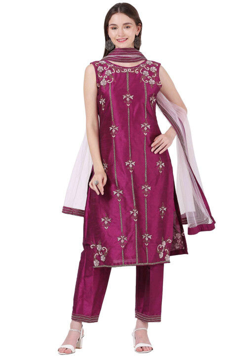 Hand Embroidered Dupion Silk Pakistani Suit in Magenta