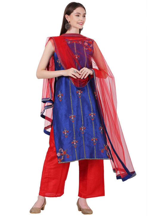 Hand Embroidered Dupion Silk Pakistani Suit in Royal Blue