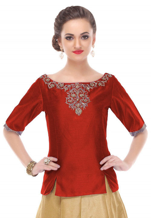 Hand Embroidered Dupion Silk Top in Maroon