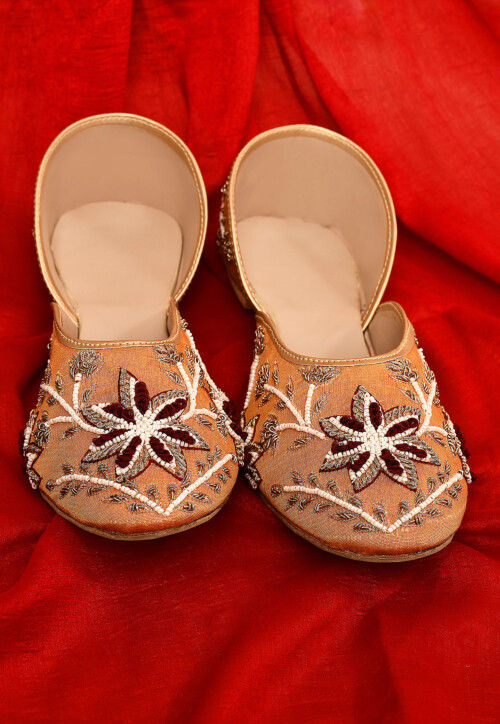 Hand Embroidered Dupion Silk Women Jutti in Yellow