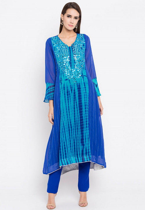 Hand Embroidered Georgette A Line Kurta in Royal Blue