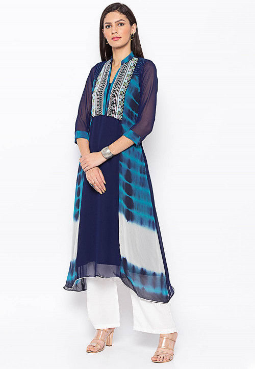 Blue Printed Georgette A-Line Kurta Trouser Set