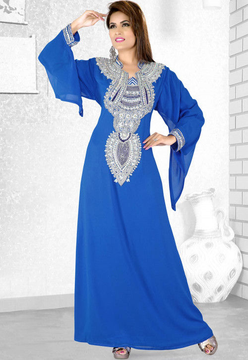 Hand Embroidered Georgette Abaya in Blue : QFD217