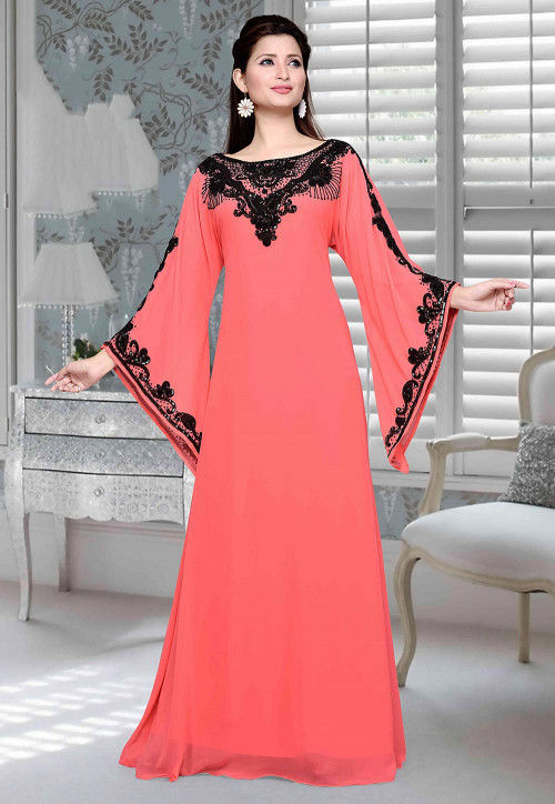 Hand Embroidered Georgette Abaya in Dark Peach