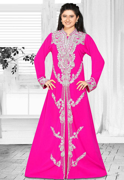Hand Embroidered Georgette Abaya in Fuchsia : QFD304