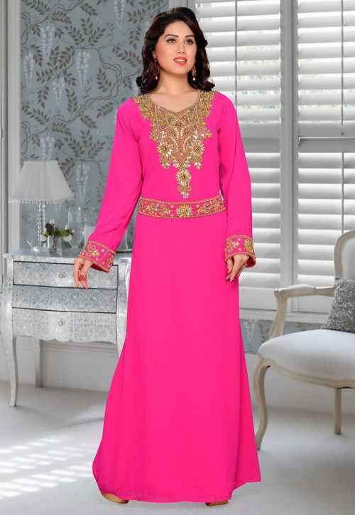 Hand Embroidered Georgette Abaya in Fuchsia : QFD491