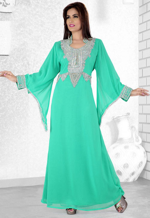 Hand Embroidered Georgette Abaya in Light Teal Green : QFD218