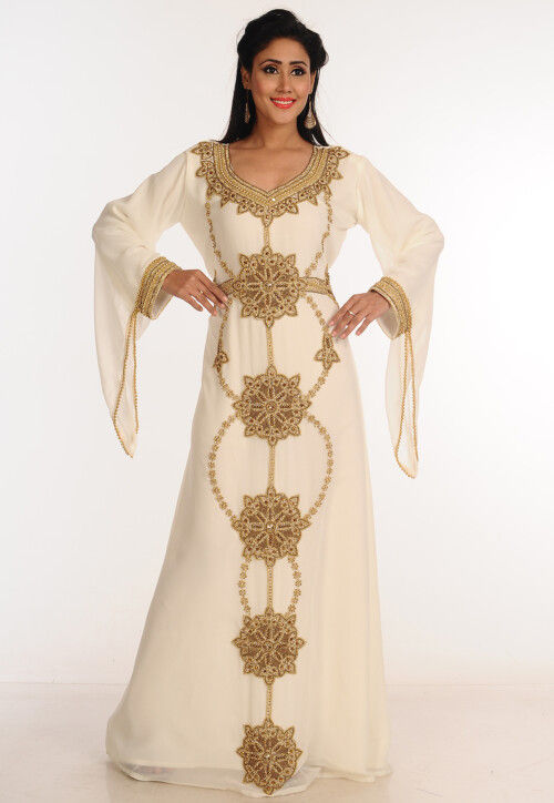 Hand Embroidered Georgette Abaya in Off White